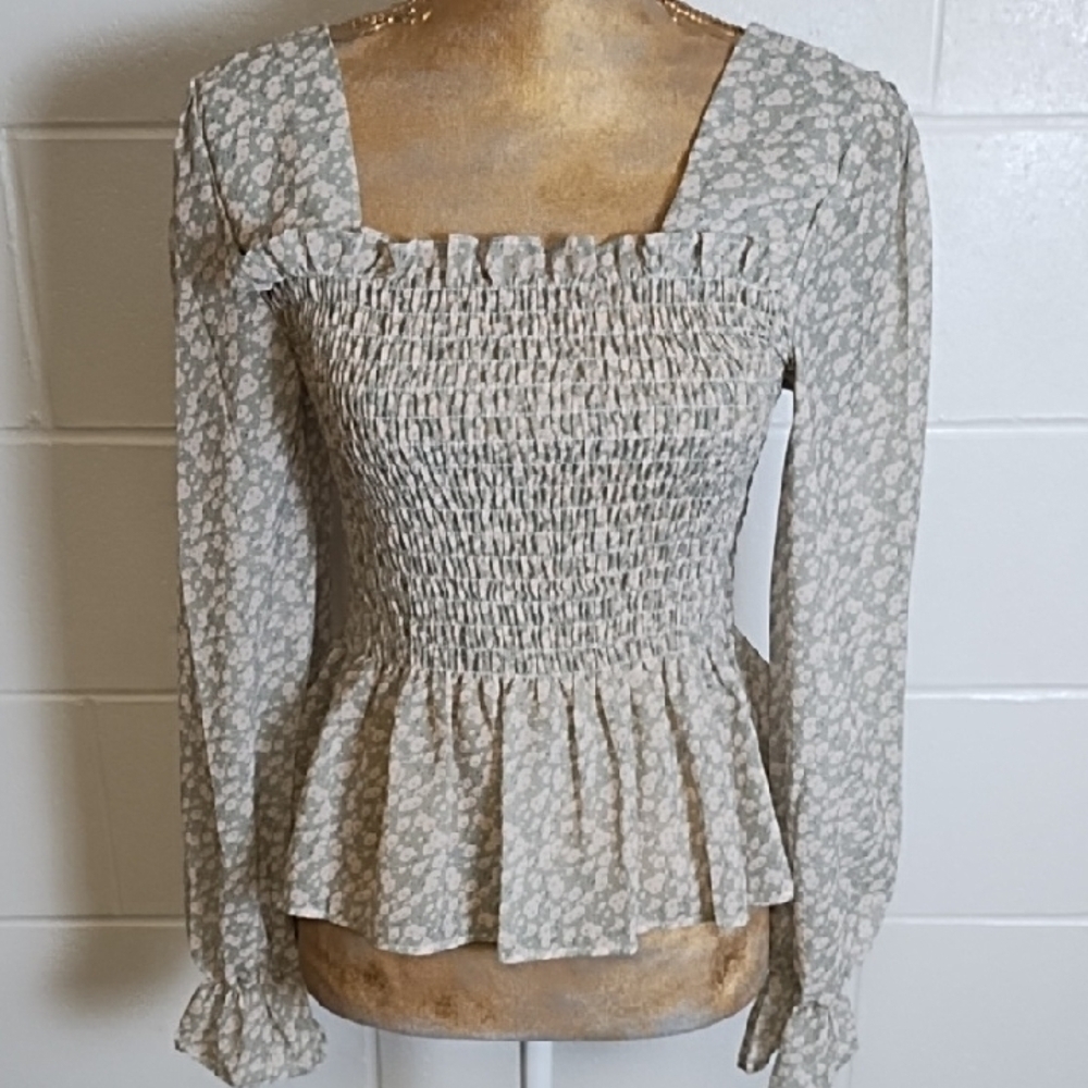 Elegant Feminine Pastel Green Smocked Blouse with Back Detail & Sleeves